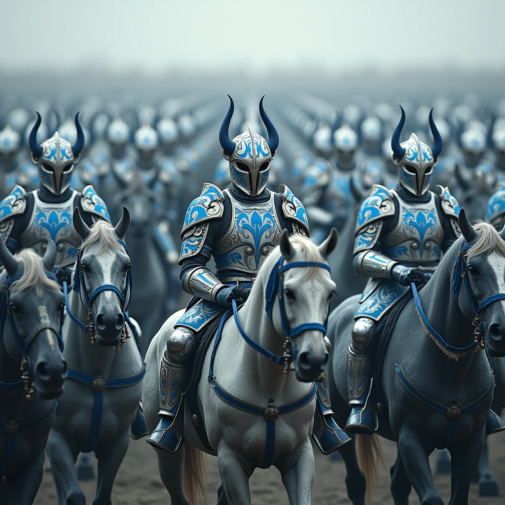 imperial army, thousands of cavalry warriors, His armors are adorned with (White color with blue tones.). Instill fear, They are all mounted, Their helmets are infernal in shape, look towards the viewer