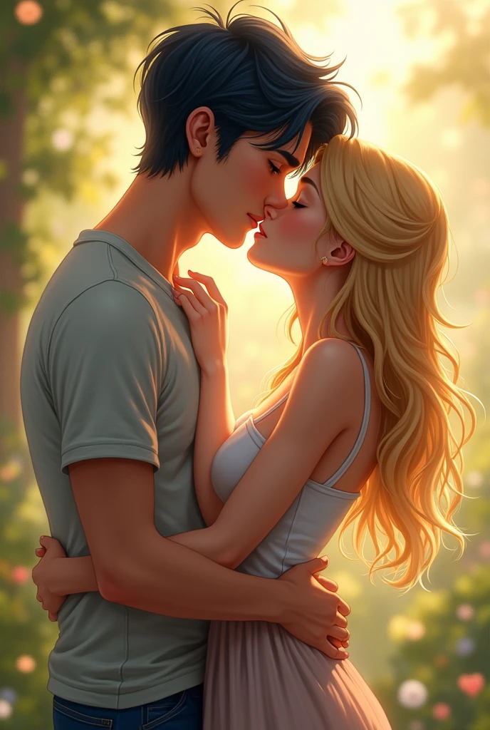 A blonde girl with a blue lock of hair kissing a not so chubby boy with black hair 