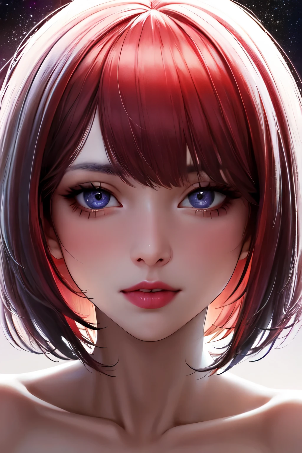 1 girl, beautiful  face, ((eye white)), pose sexy, Red moon in the background, stele, space, (clear room:1.13), smooth light, (natural skin texture:1.2), (Hyper-Realism:1.2), sharp focus, focused,[[realisitic]]