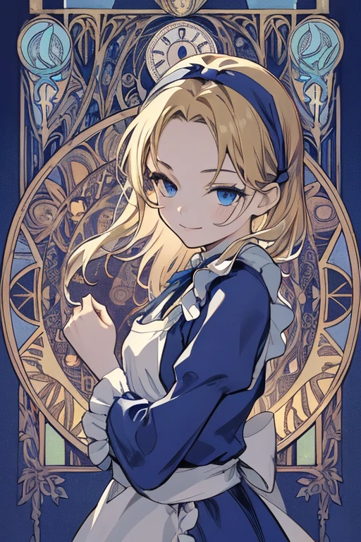 masterpiece, Highest quality, Very detailed, 16K, Ultra-high resolution, Cowboy Shot, Alice in Wonderland, (art nouveau:1.3), 10-year-old girl, Detailed face, smile, blue eyes,Blonde, Long Hair, Ribbon on head, Blue clothes, White apron, In a room with a big clock