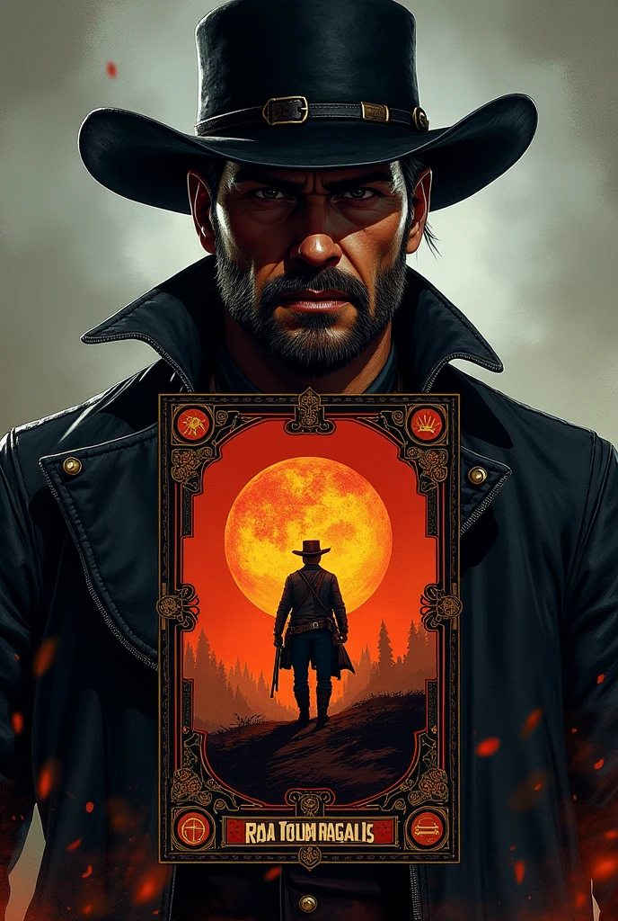 Red dead redemption 2 tattoo on tarot card with Arthur Morgan in the background