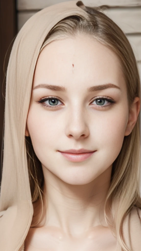 (beautiful face: 2), beautiful nordic woman face, 25-year-old woman face, thick muscular neck, matching neck, matching trapezius muscles, matching hair, slight smirk, neutral stare, violet eyes