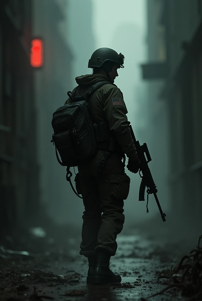Soldier in the dark, holding rifle, looking back, camera positioned behind the soldier, 2d obscure art