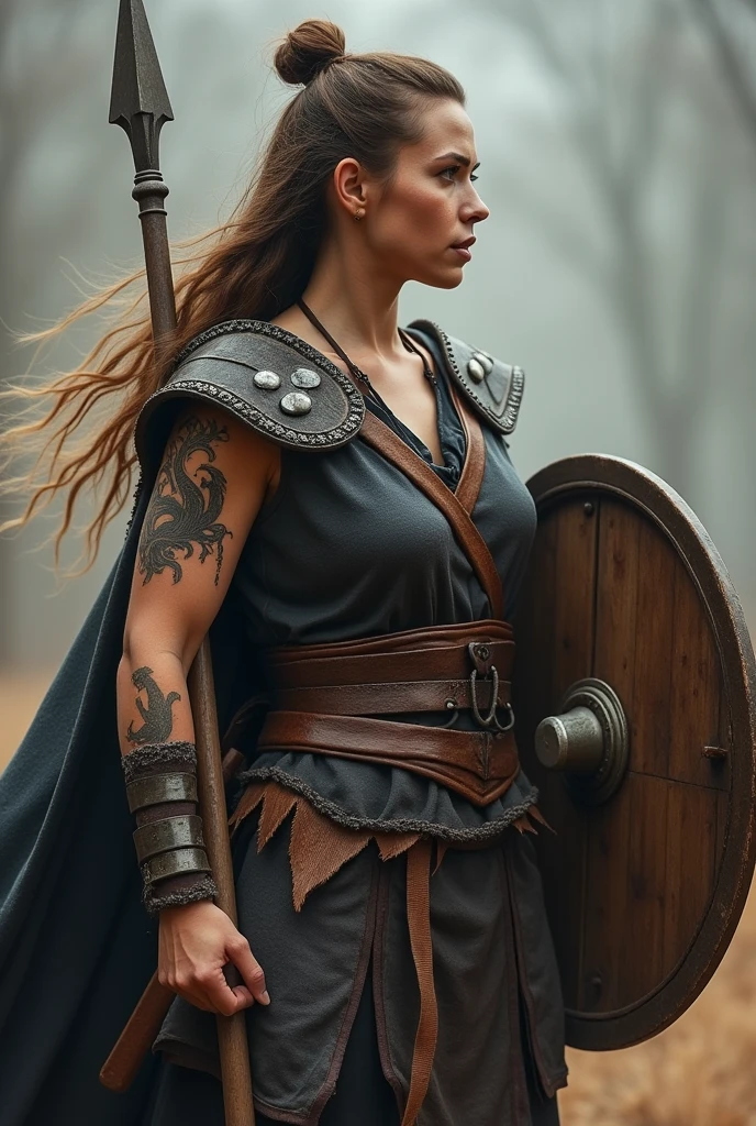 Strong female viking warrior holding a spear and a wooden round shield, viking tattoos on her face and arm, battling