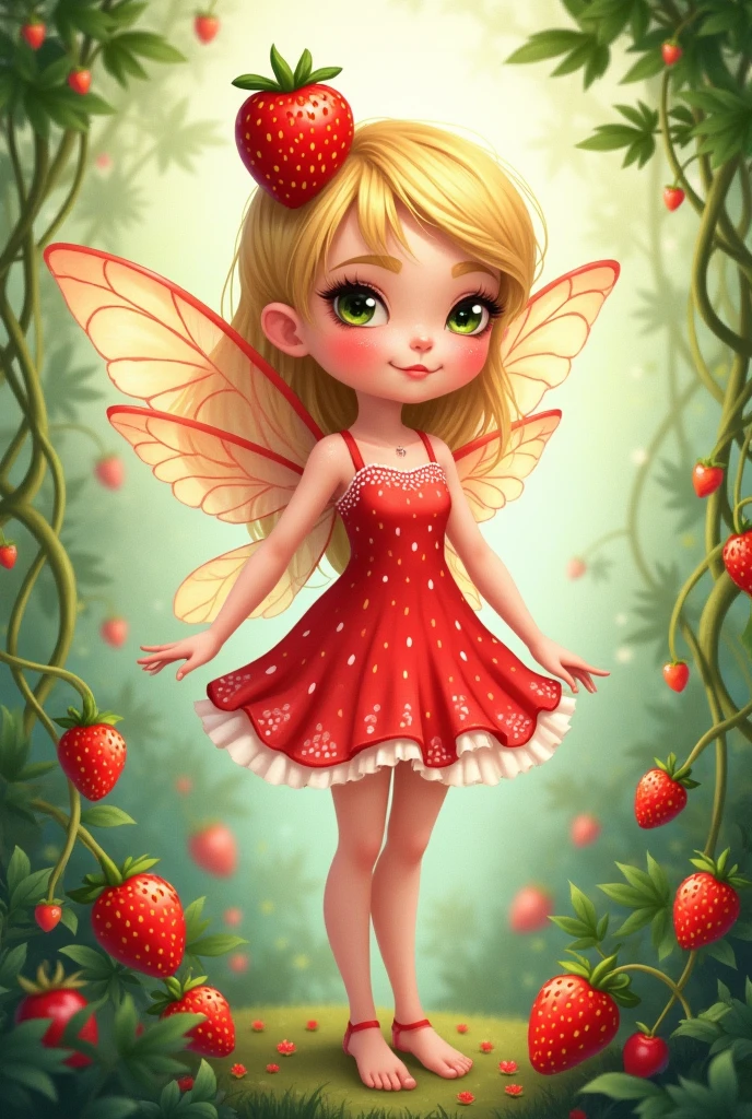 A fairy in a strawberry dress and a strawberry on her head, that it is cute and looks like a drawing all related to strawberries
