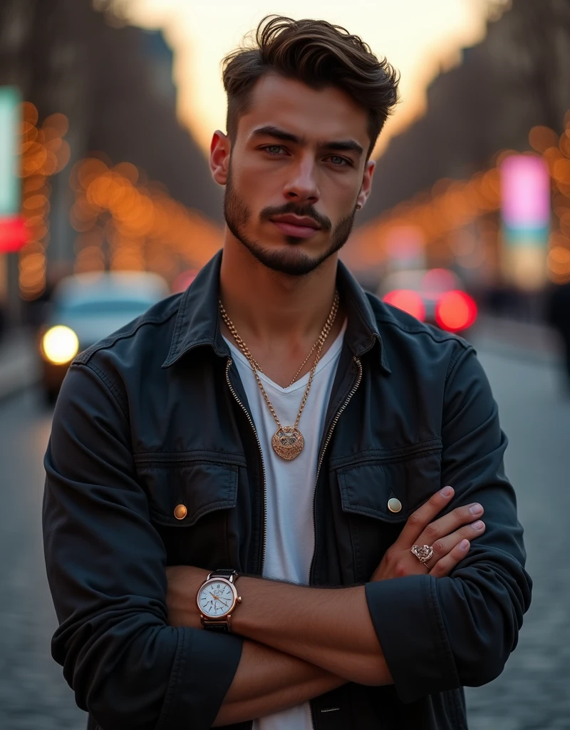 Full body view of a A 21-year-old french male average man with an thin build, and light  blue eyes,  wearing a  rose gold necklace and bold masculine bracelet watch, positioned against the iconic backdrop of the Champs-Élysées at sunrise. The scene is dramatically lit, capturing the vibrant city lights reflecting off the jewelry. Focus on the model's confident expression and strong features, with a composition that emphasizes the luxurious textures of the jewelry amidst the bustling Parisian atmosphere. Use editorial photography full body photo style, highlighting rich warm tones and soft shadows."