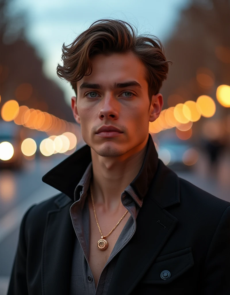 Full body view of a A 21-year-old french male average man with an thin build, and light blue eyes, wearing a rose gold necklace and bold masculine bracelet watch, positioned against the iconic backdrop of the Champs-Élysées at sunrise. The scene is dramatically lit, capturing the vibrant city lights reflecting off the jewelry. Focus on the model's confident expression and strong features, with a composition that emphasizes the luxurious textures of the jewelry amidst the bustling Parisian atmosphere. Use editorial photography full body photo style, highlighting rich warm tones and soft shadows."
