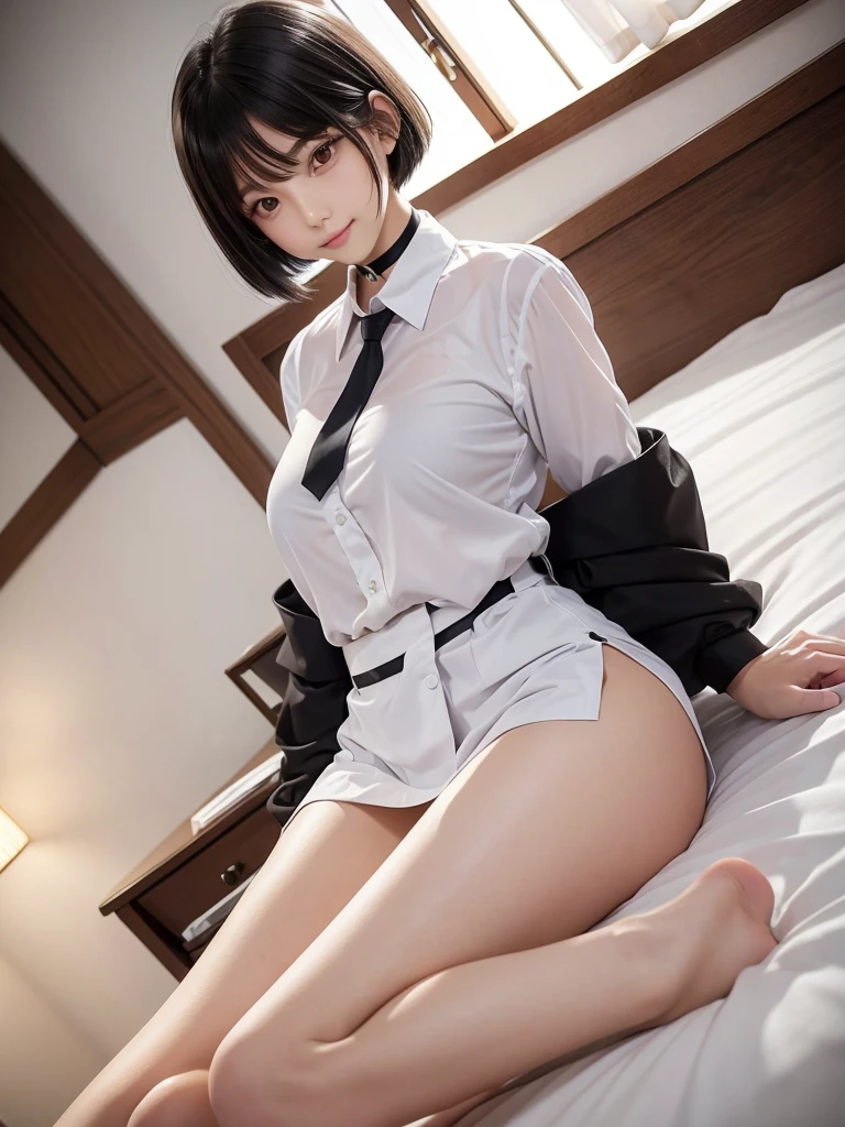 low angle shot from legs figure approaching lie down neat girl is beautiful japanese female and beautiful russian female mixed race only in the face age is 17 features of the whole body black hair medium straight bob cut hair style beautiful small face with short eyelashes boyish eyes only high nose dark blue pupils very thin upper lip milky white skin accurate attractive body shape beautiful bust waist hip s thighs knees legs choker and tie on neck wearing only a large size formal shirt with collars smiles kindly and slightly on bed