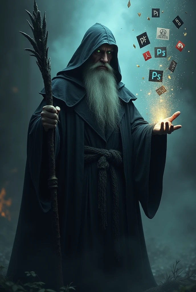 A wizard who appears to be evil, And in one of your hands, the jpg icons, png, pdf, corel draw and photoshop floating, and in the other a staff.