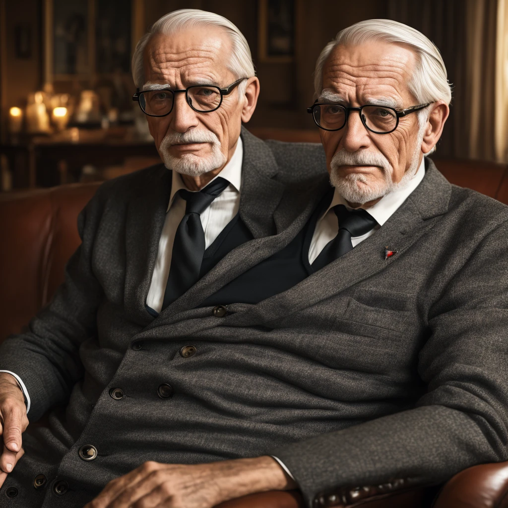 an elderly man adult, tie, wearing glasses and black hair, sitting on a sofa in a house, detailed portrait, realistic, photorealistic, 8k, ultra-detailed, masterpiece, dramatic lighting, cinematic, warm color tones, high quality