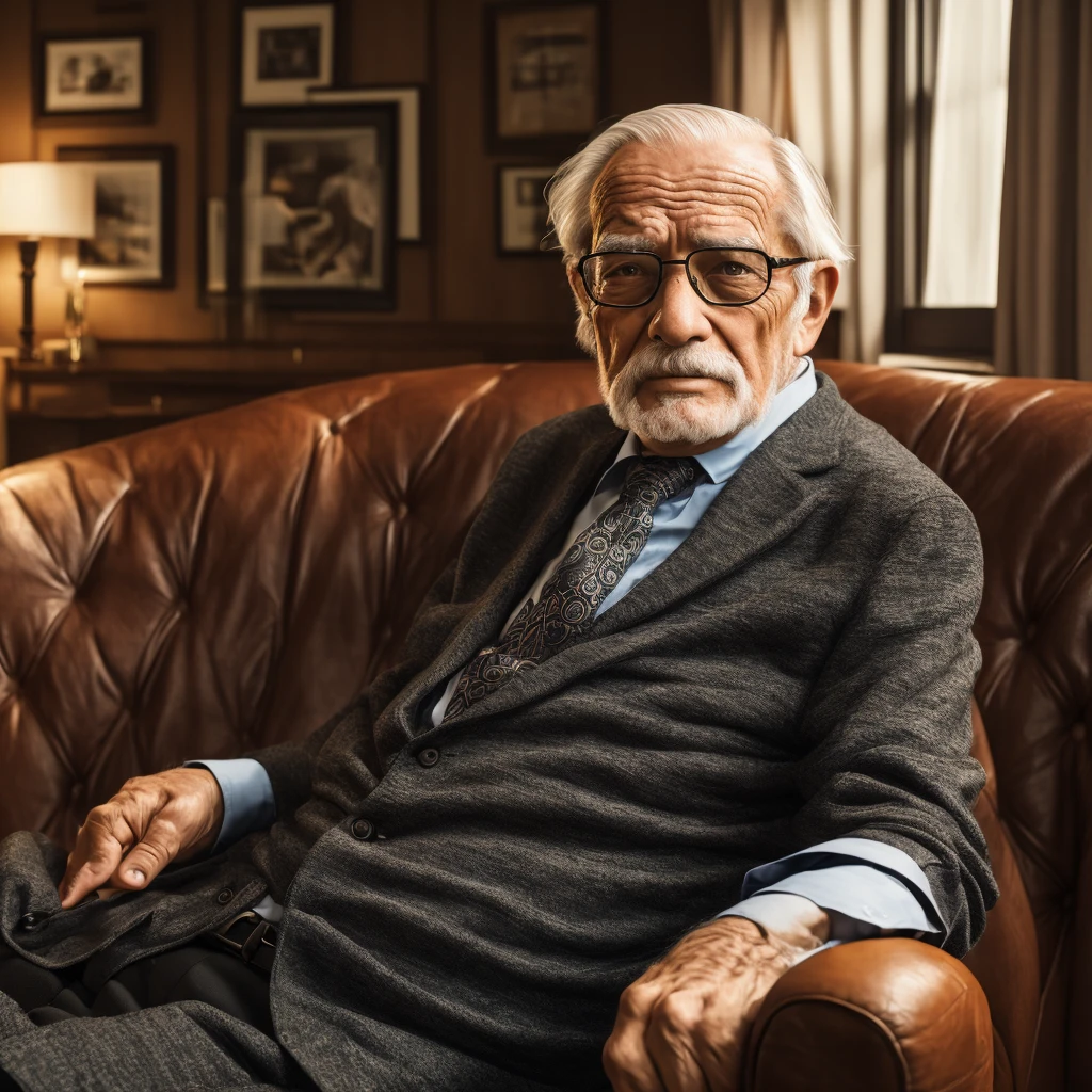 an elderly man adult, tie, wearing glasses and black hair, sitting on a sofa in a house, detailed portrait, realistic, photorealistic, 8k, ultra-detailed, masterpiece, dramatic lighting, cinematic, warm color tones, high quality