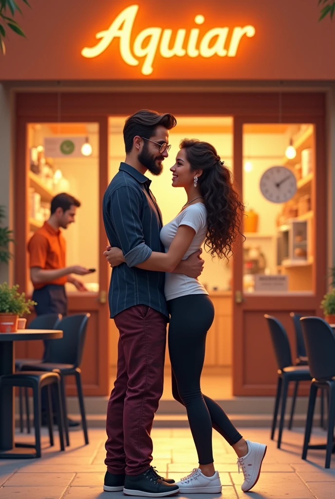 A man and a woman in front of a bakery called Aguiar and with an orange logo, preferably the bakery is open inside, lit up in white with dark, empty chairs and tables on the right side and on the left side the employees dressed in orange inside the counters., the man with a dark blue shirt slightly detailed with lines of blue a little lighter than the color of the shirt and the army camouflage pants but in the color of wine to a darker wine and black sneakers and this man has a beard and glasses I want you to make him together with a black woman with curly hair with a white shirt that has a cap black pants and white sneakers with a small reddish detail I make the two of them hugging in front of this bakery. Her hair is curly but tied back and long with a back fall and the boy is wearing a long-sleeved, zippered shirt and his hair is combed to the side and is a little long but it is cut and he is wearing diamond earrings.