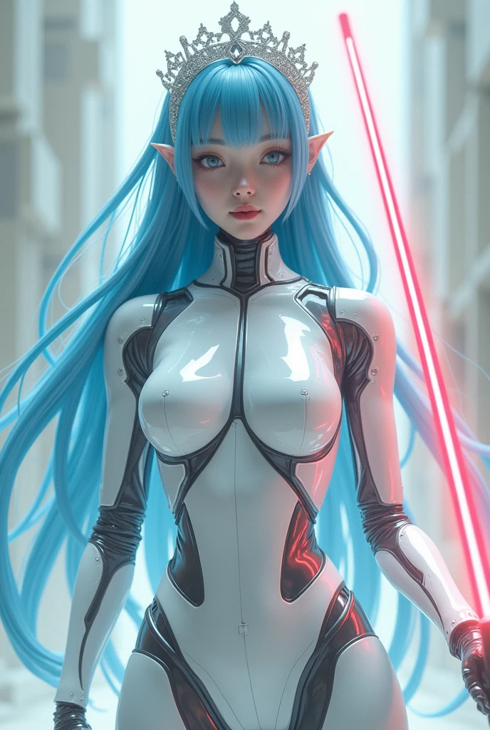 An adult robot,white in color and long blue hair with a tiara holding her hair, not very realistic and with a red laser spear in his hand
