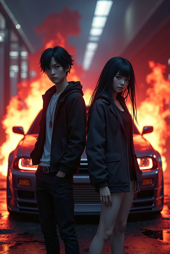phonk cover with anime 3d models and a burning nissan gtr r34, similar to kxnvra covers