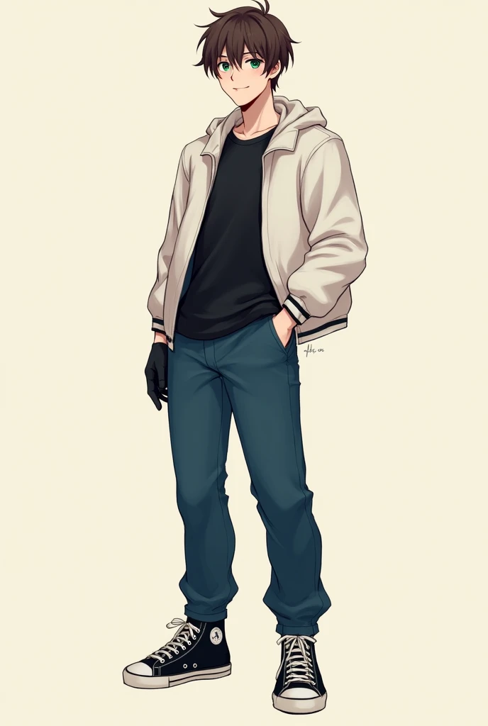 The portrait of the male person must carry:
- Heterochromia, with one dark green eye and the other dark red eye - Light skin with a pinkish tone - Hair a little long and straight with some brown tips - A soft and expressive smile - A cream or beige colored background - Must have clothes like a black t-shirt not too baggy, white jacket with some stuffing on the shoulders not so loose , Marine blue pant, Black tennis shoes with white soles and black gloves - Must be about 22 years old - Must be one meter and seventy centimeters tall