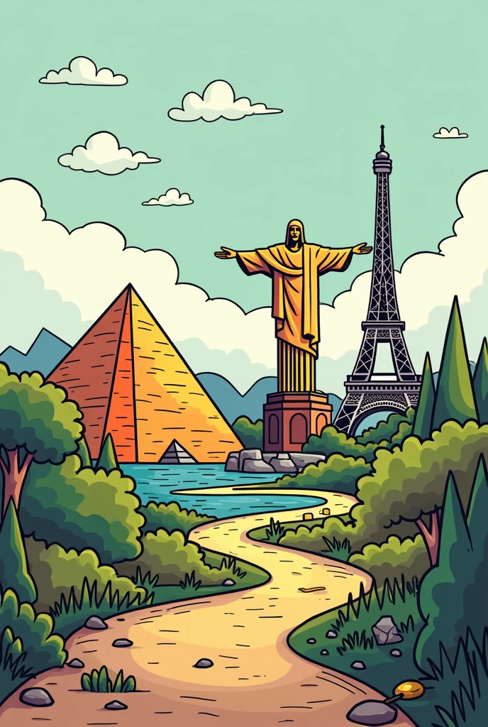 A comic book image, with very simple lines and easy to draw of a place that has a pyramid, Christ the Redeemer and the Eiffel Tower.