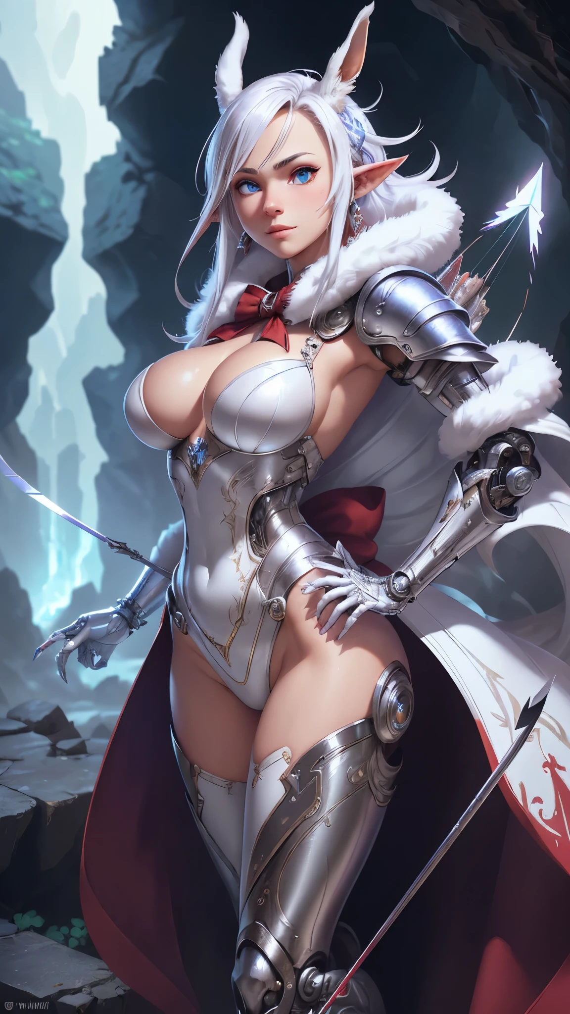 (The best quality,A high resolution,Ultra - detailed,actual),Fran Final Fantasy XII, snow white hair reaching to the waist,( long white ears with hints of brown rabbit fur :1.4) ,(His predominant weapon is the bow and arrows.:1.4),(Her blood red eyes are accompanied by perfectly shaped eyebrows the same color as her hair.:1.4), (extremely provocative clothing:1.4) . Her legs are partially covered by clothing made of dark, shiny metal that leaves parts of her lower limbs uncovered and highlights her buttocks, and connects to double-stiletto heels with sharp claws on the toes.. She wears a bra made of the same material that slightly accentuates the breast area and covers her bare abdomen with a white fabric that manages to be transparent.. Her arms are also partially covered by a cloth with red pointed edges that reaches above the elbows.. Finally, He has a helmet with empty embroidery that completes the shape of his head and the vierna ears rest between two holes at the top., (cowboy pose :1.4), (Fran Final Fantasy XII:1.4), ,(Dungeon ruins background ruins large stones cavern cave :1.4 ), (detailed perfect anatomy :1.4), epic fantasy art style hd, 4K fantasy art, epic fantasy digital art style, epic fantasy art style, Fantasy Woman, epic fantasy art portrait, Epic fantasy style, hyperrealistic fantasy art, hd fantasy art, epic fantasy character art, epic fantasy art, in style of dark fantasy art, epic fantasy digital art, Unreal Engine:1.4,UHD,The best quality:1.4, Photorealistic:1.4, skin texture:1.4, masterpiece:1.8, (cinematic lighting :1.4),( Fran - Final Fantasy XII:V2.1), (cowboy pose :1.4), (bright colors),( vivid colors:1.2 ), (armadura white metallic brillante cyborg :1.4), (cyborg white transparente plastic metallic :1.4), (not mutations), (cowboy pose))