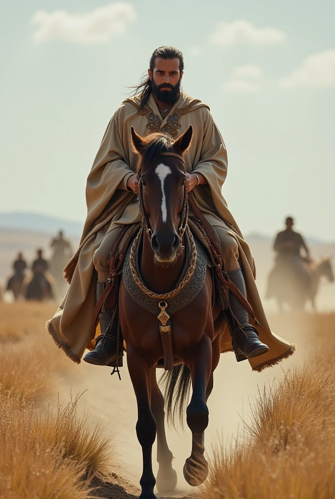 A Turkish kagan riding a horse in the steppe