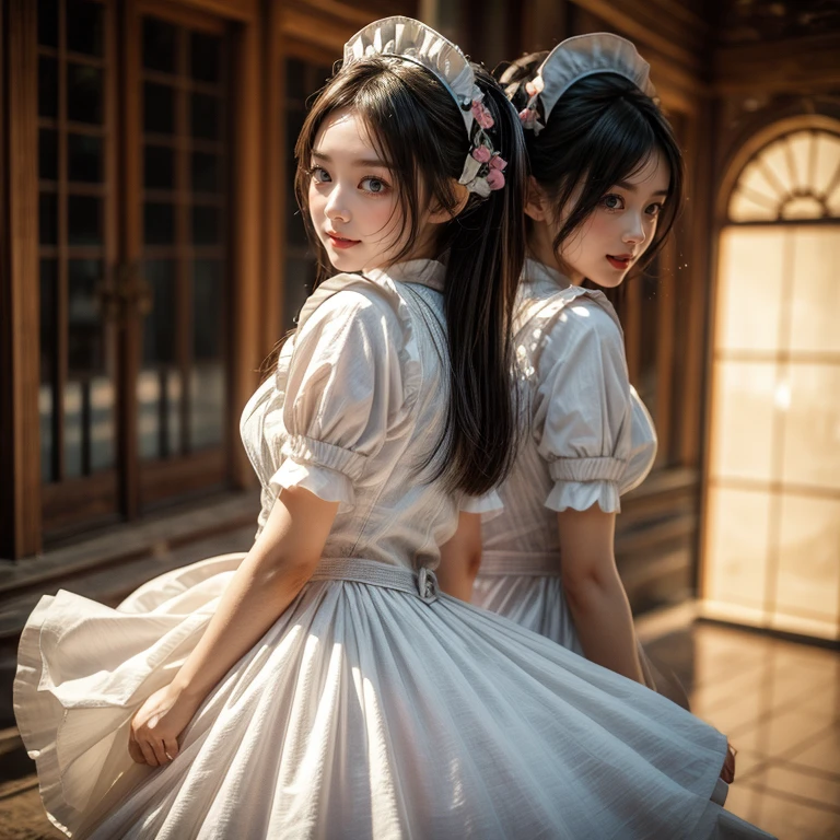 SFW, (Extremely Detailed((Kawaii Maid Group in a row:1.37))), Childish perfect face, Reflective Eyes, Detailed(Delicate Clothing textures), Dynamic Joyful Expressions LifeLike Rendering, (Specular Reflection:0.2), TopQuality 8K Ultra-detailed masterpiece (ProfessionalPhoto:1.37), (Acutance:0.8), (Luminism:1.28), (Renaissance art style), (Light particles:0.75), (Muscle:-0.5), ((Full body from side))