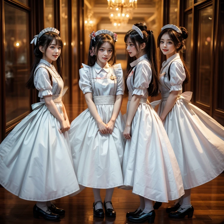 SFW, (Extremely Detailed((Kawaii Maid Group in a row:1.37))), Childish perfect face, Reflective Eyes, Detailed(Delicate Clothing textures), Dynamic Joyful Expressions LifeLike Rendering, (Specular Reflection:0.2), TopQuality 8K Ultra-detailed masterpiece (ProfessionalPhoto:1.37), (Acutance:0.8), (Luminism:1.28), (Renaissance art style), (Light particles:0.75), (Muscle:-0.5), ((Full body from side)) 