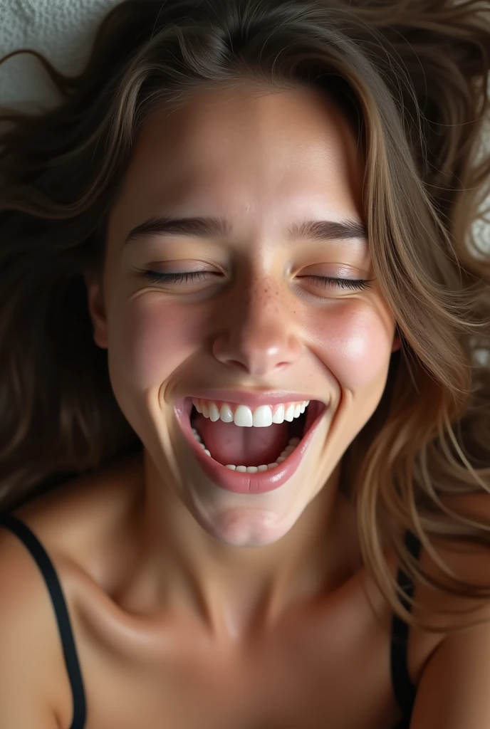 closeup of a female young ’s face, mouth very wide open and smiling, eyes closed, long hair, wearing strapless bra, extreme skin detail, photorealistic, 8k, wallpaper, viewed from above