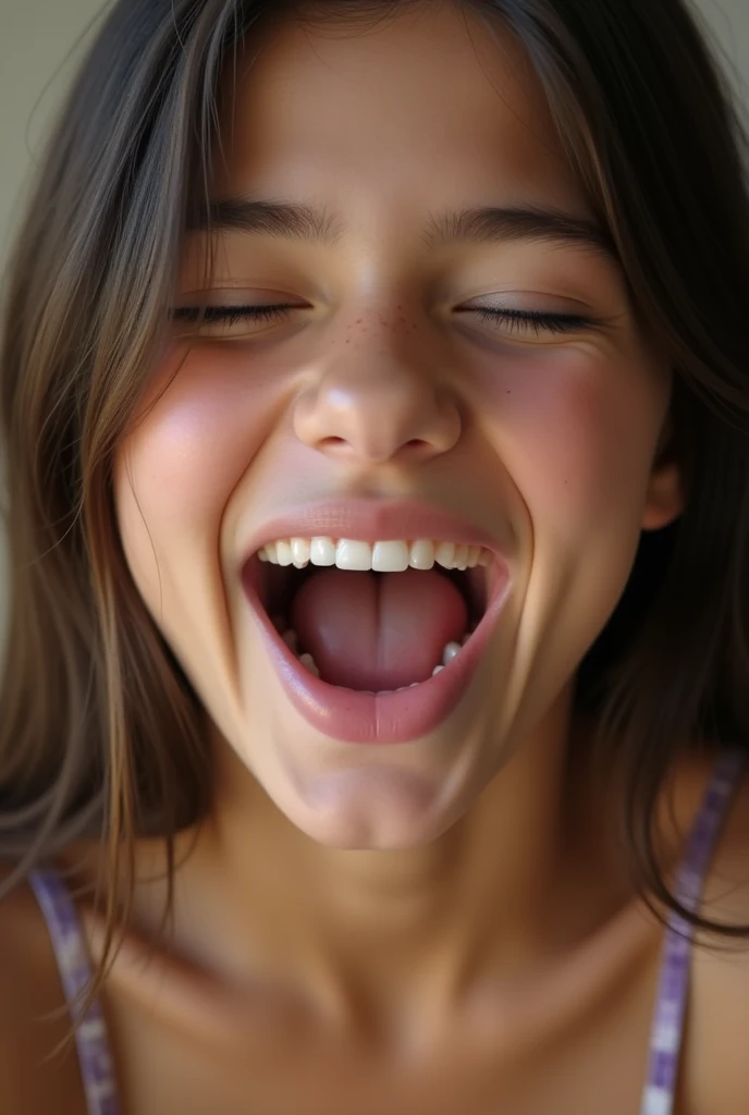closeup of a female young teen’s face, mouth very wide open and smiling, eyes closed, long hair, wearing strapless bra, extreme skin detail, photorealistic, 8k, wallpaper, viewed from above