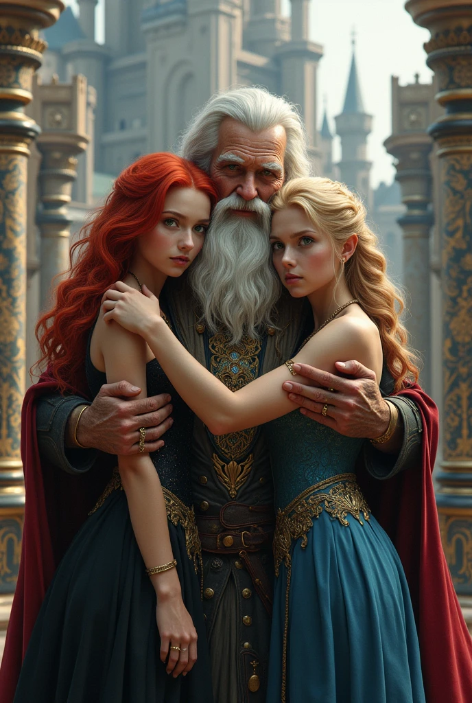 65 year old man, wardrobe of a king ,with a beard hugging two 16-year-old boys, A redhead in a black dress and green eyes, the other blonde with brown eyes and blue clothes. Princess , background of a princess castle