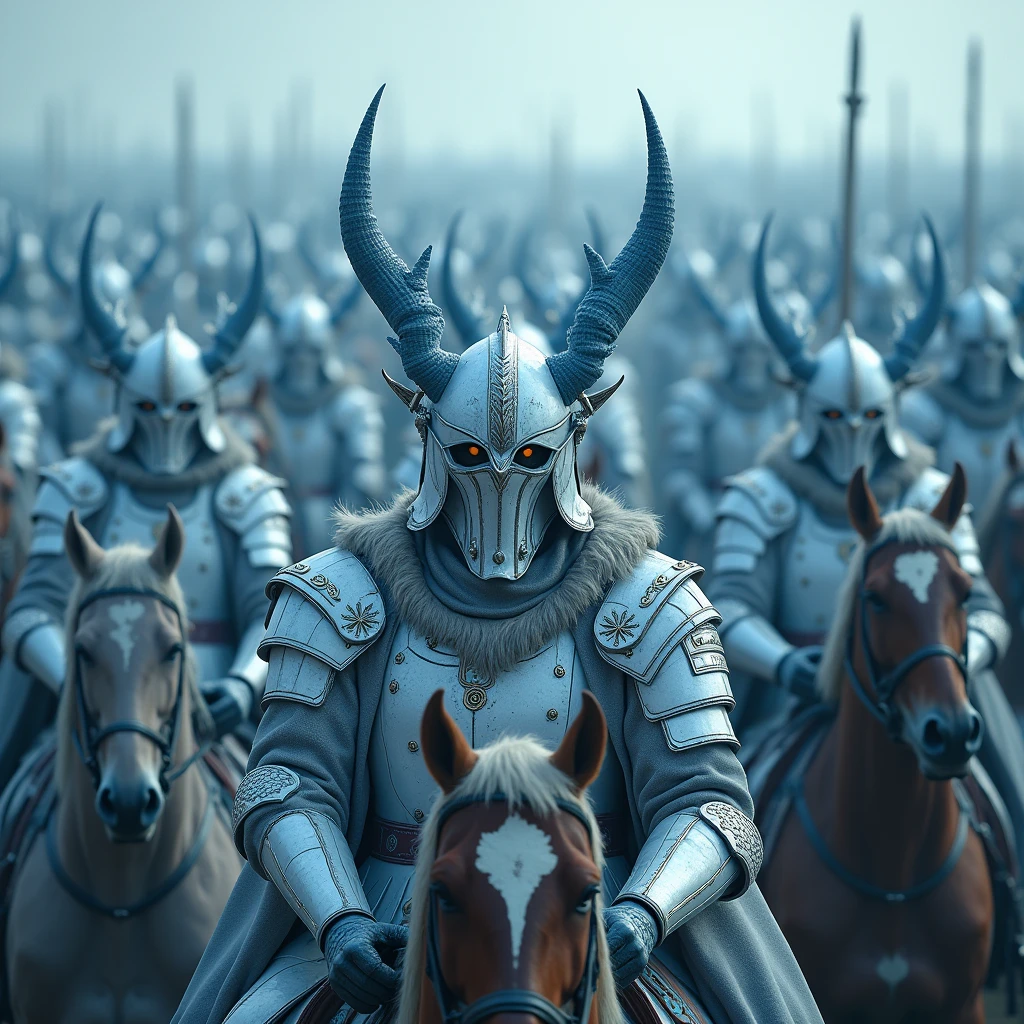 imperial army, thousands of cavalry warriors, His armors are adorned with (White color with blue tones.). Instill fear, They are all mounted, Their helmets are infernal in shape, look towards the viewer