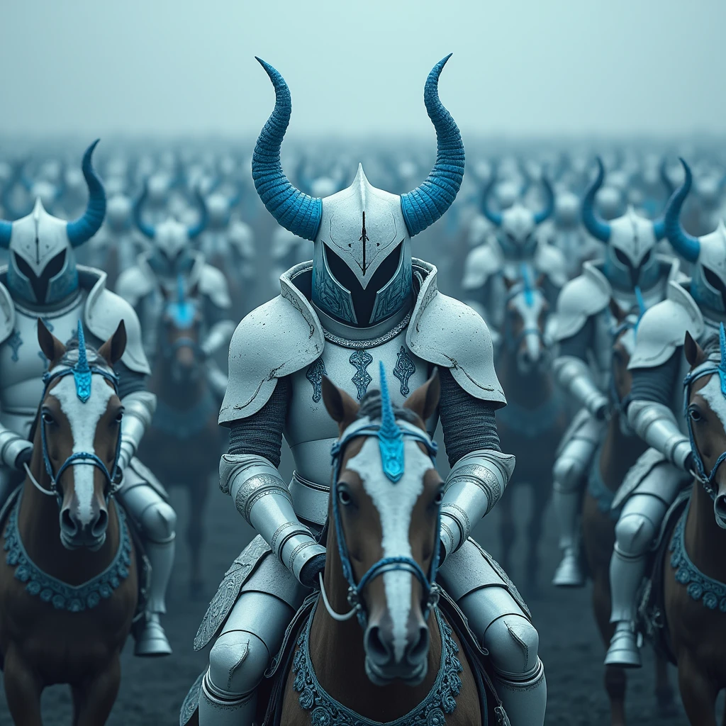 imperial army, thousands of cavalry warriors, His armors are adorned with (White color with blue tones.). Instill fear, They are all mounted, Their helmets are infernal in shape, look towards the viewer
