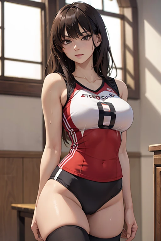 Masterpiece, Ultra quality, good lighting, shadows, perfect anatomy, posing, 1 girl, 21 years, mature girl, volleyball player, cute face, beautiful body, black long hair, black eyes, seductive eyes, volleyball uniform, background room, rear, breasts, Thighs, seductive, hot, spicy, NSFW, wet