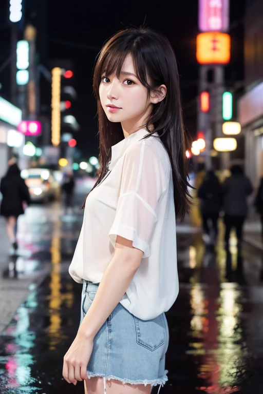 Beautiful woman、Japanese、Standing in the city at night、Heavy rain、White blouse、Shorts、Her hair and blouse are soaking wet.、A cold look、Photorealistic、High definition