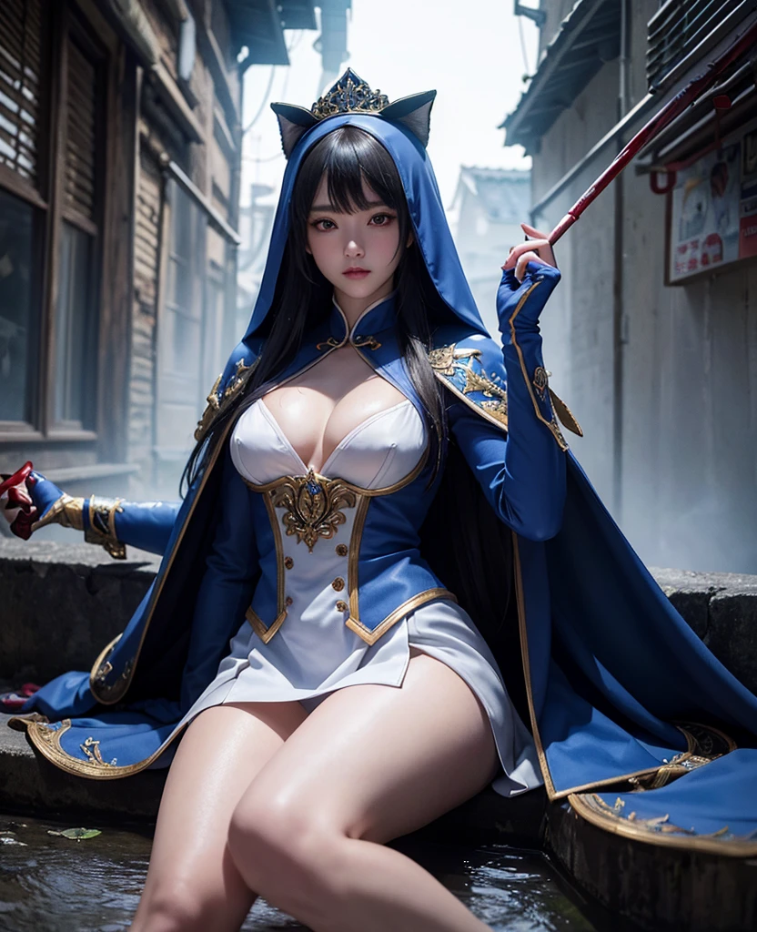 South korea women mystery hooded on with modern royal Blue coat with buttons and royal Blue cape and very high white heel over the knee and white gloves, As she reveals a small secret hidden blade, blood stain on her,adding to the character’s mysterious and agile appearance, with small movements of air on the cape, in summer at night under the rain, . The scene is set at night,human corpse, Pool of blood, splash of blood, there was someone behind him wearing the same clothes in an alley in the garden. , intricate detail, ultra detail, incredible detail, intricate detail, extremely detailed and intricate, super max, masterpiece, best quality, HDR, UHD, unreal engine. , beautiful face, Rich in details High quality, gorgeous, captivating, 8k, super detailed, stunning shadows, detailed lines