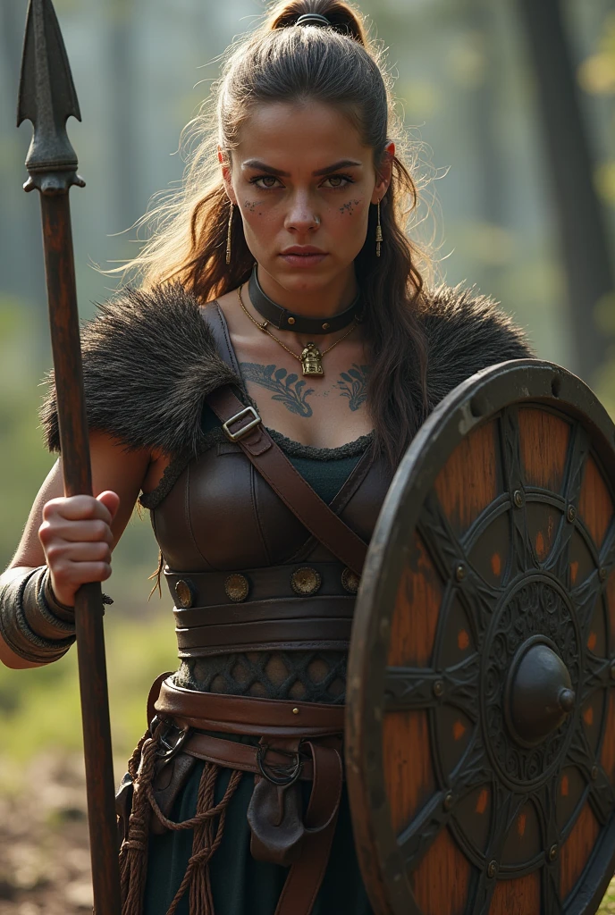 Strong female viking warrior holding a spear and a wooden round shield, viking tattoos on her face and arm, battling