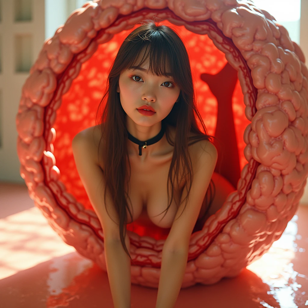 score_9, score_8, score_8up, Highest quality, masterpiece, sf, Photo quality, Real, 美少女アイドルのincubation, 明るい空間に置かれた巨大な子宮から美少女がincubationしている瞬間, There are countless blood vessels, large and small, on the surface of the uterus, indicating that the uterus is alive., 美少女は写実的でRealな描写で完全に人間の体型と顔立ちを持ち優しい表情をしている, Beautiful girl is covered with uterus, The image of a beautiful girl emerging from a lump of meat, 美少女の体は子宮からOn all foursで這い出してきてincubationの過程がRealに表現されている, 背景は明るくRealな雰囲気が漂っている, ((incubation))、BREAK, On all fours, Crawling Beautiful Girl, ((Mucus)), Very big boobs, Slim face, bangs, Brown Hair, Straight hair, Red lipstick, ancient ruins, (The body is covered with mucous membranes), Black choker, Looking at the camera, Young Japanese sexy idol face, Style: Surrealism, BREAK, She is a reptile-human hybrid with snake-like scales growing on her body.
