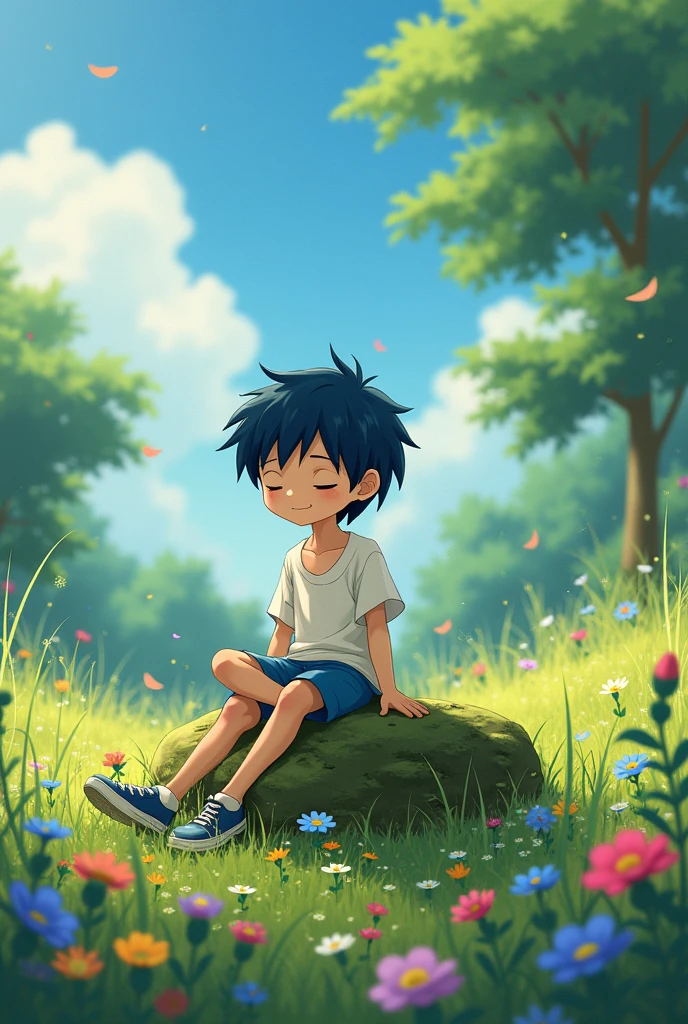 (((ghibli style))) A boy with navy blue hair sitting on a rock among the grass and flowers
