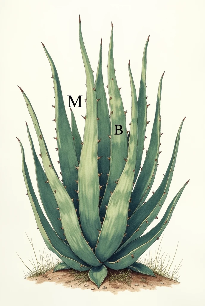 Drawing of a maguey cupreata and between the leaves the letters M and B can be seen