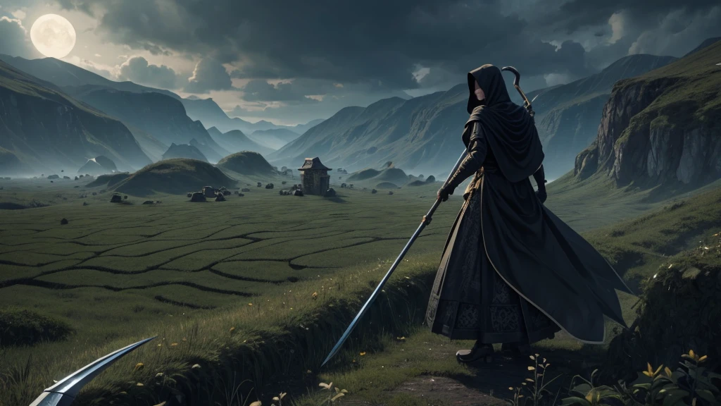Death with a scythe in the distance on a large wall of hexagons as if it were a beehive
