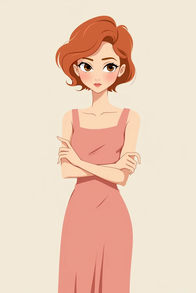 crea un logotipo de una chica cabello corto cobrizo, skinny girl arms crossed light brown eyes, thin face, in pink dress, put initials below J.n.s.s.c.