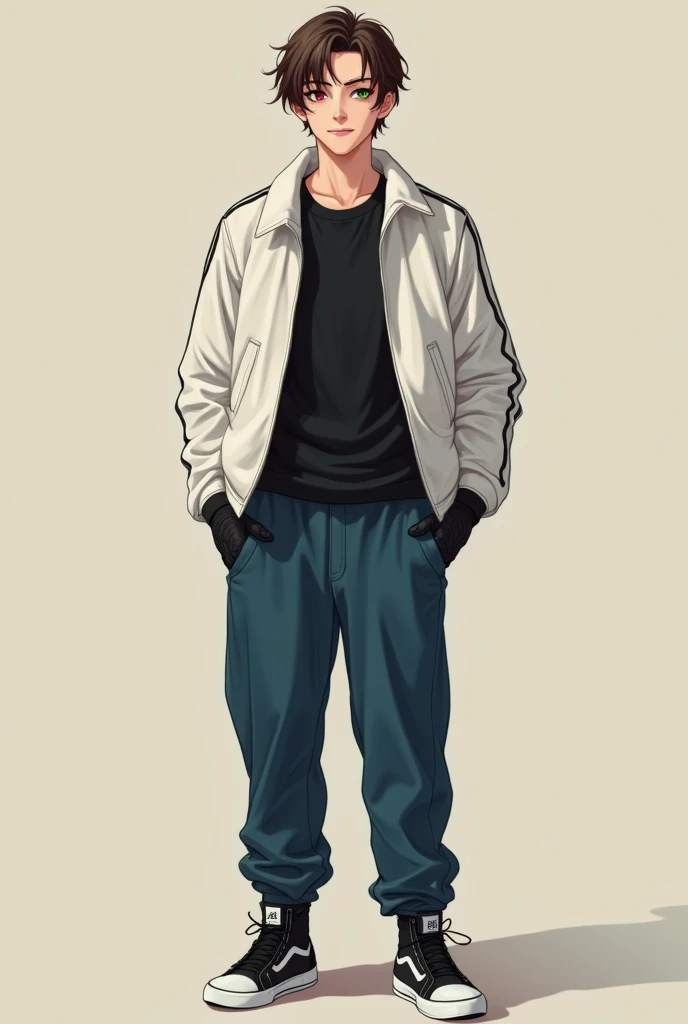 The portrait of the male person must carry:
- Heterochromia, with one dark green eye and the other dark red eye - Light skin with a pinkish tone - Hair a little long and straight with some brown tips - A soft and expressive smile - A cream or beige colored background - Must have clothes like a black t-shirt not too baggy, white jacket with some stuffing on the shoulders not so loose , Marine blue pant, Black tennis shoes with white soles and black gloves - Must be about 22 years old - Must be one meter and seventy centimeters tall