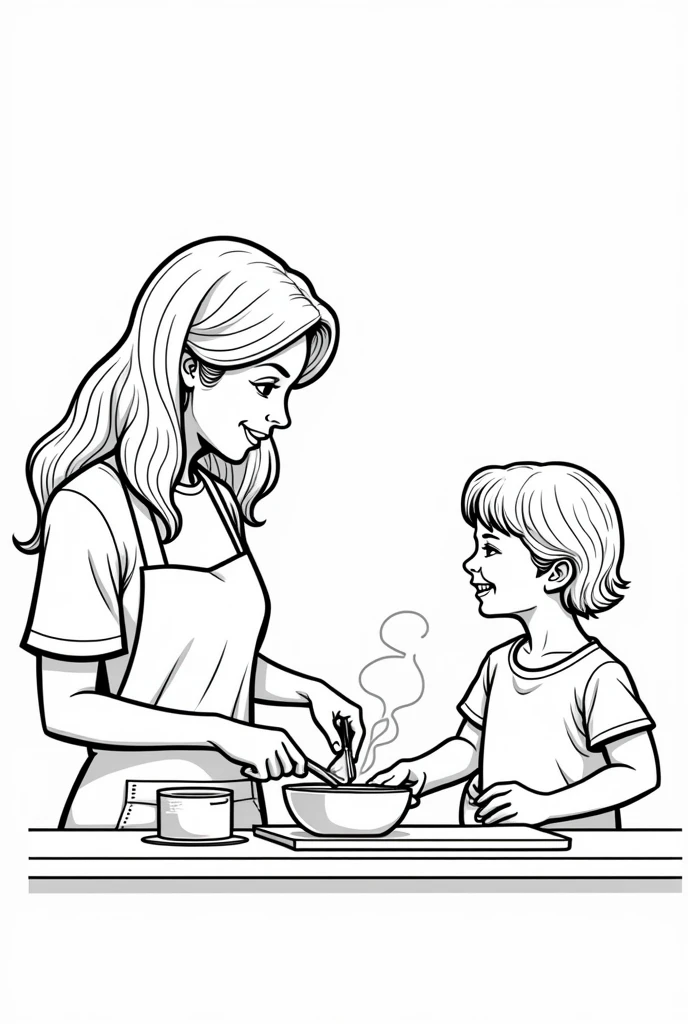 A-line art, coloring book, a young woman cooking and a five year old girl is smiling at her
