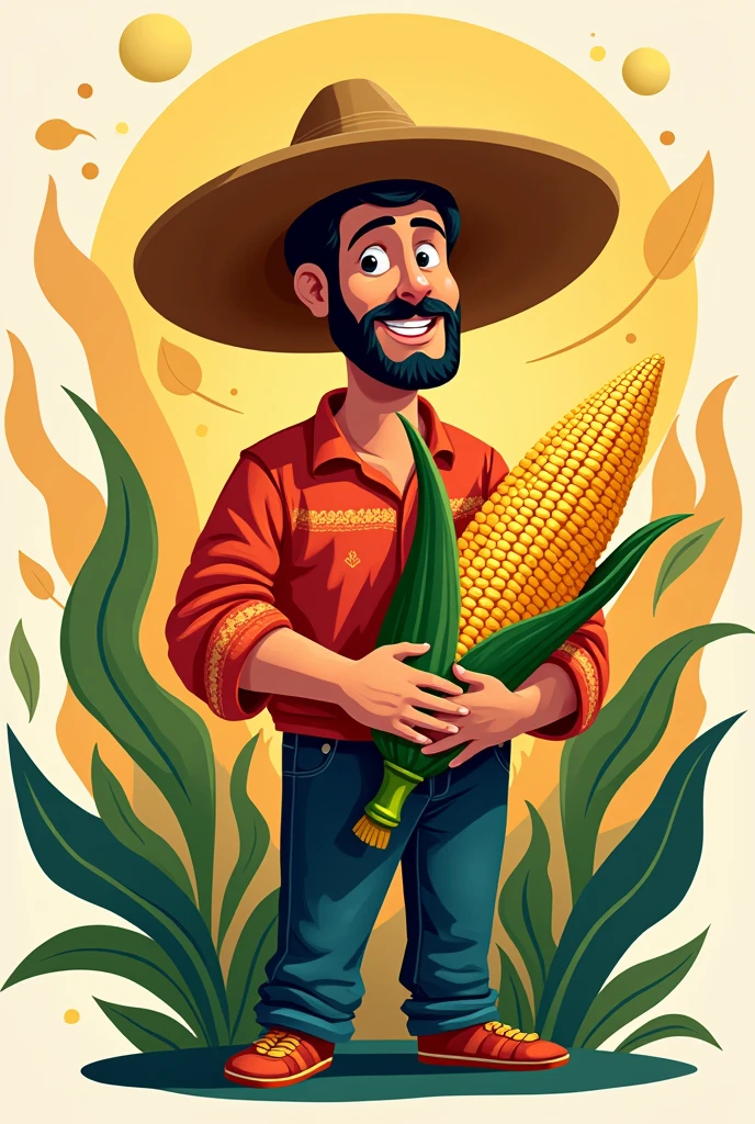 Make me an animated logo of a beardless Jarocho holding corn in his hand