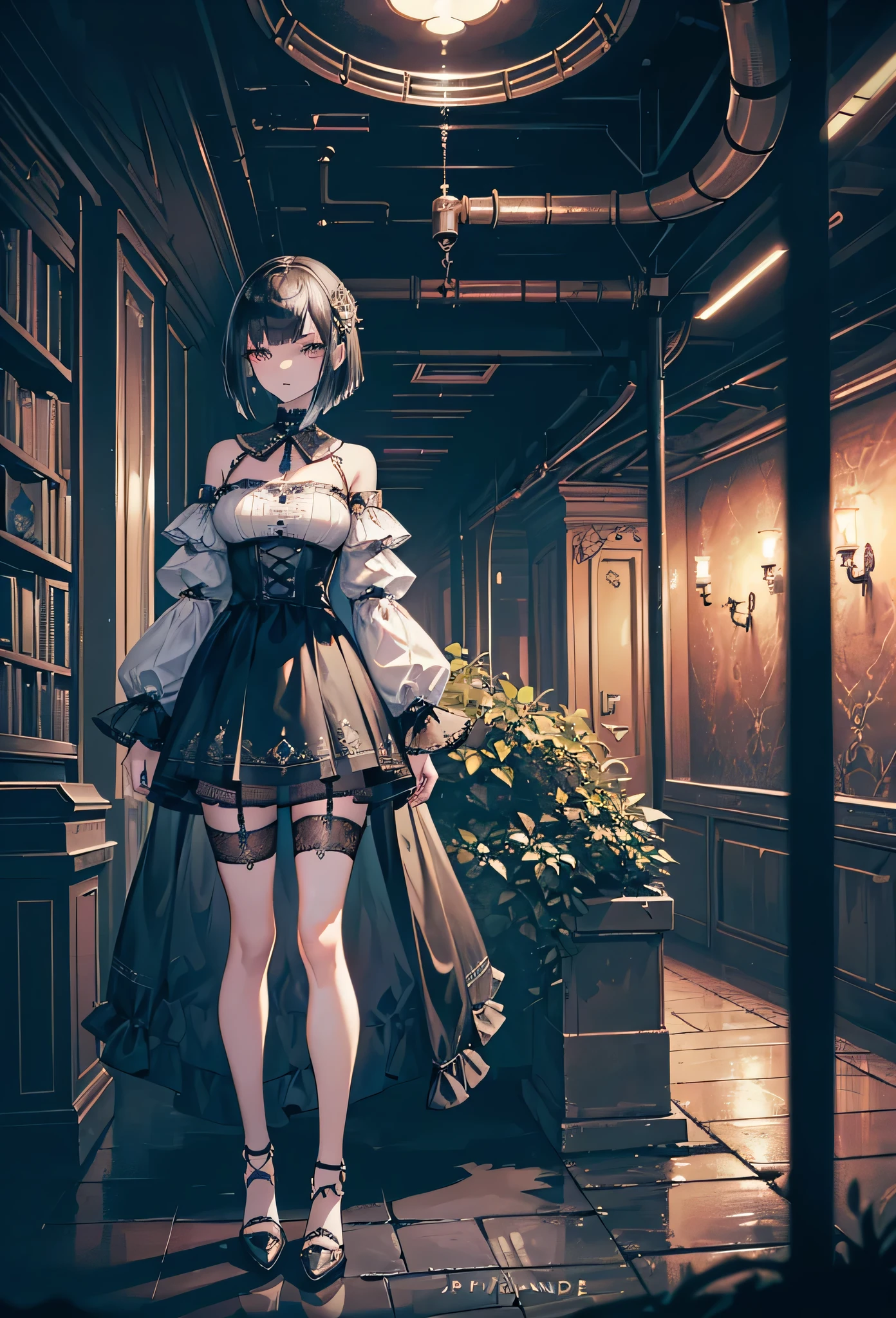 ((waterunderground background)),(((Masterpiece, top quality, super detailed))), One female, (((Very Slender body))) , (((Long, thin legs))), (((short black bob, thick puffy bangs ))), (((very detailed face))), cosmetics-free, small thin nose, small thin-lipped mouth, (((very sharp focused eyes))), large slit precision pale grey eyes, sparkling like jewels, Long eyelashes, ((Very decorative intricate mechanical steampunk fashion, Lace Flared mini skirt, Lace stockings above the knee, Lace Off-shoulder ta fashion, Overly decorative fashion)), (((overall accuracy has improved dramatically, creating a super detailed and realistic image))), ((waterunderground background)),night,(furious),dynamic angle,dynamic pose,whole body,walk far away,from side,((waterunderground background)),standing from distance,((waterunderground background)),((waterunderground background)),research facility,research facility,
