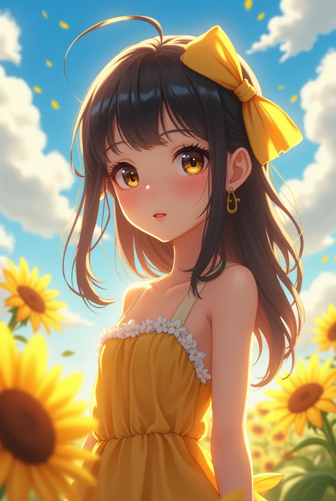 (melhor qualidade, Altas, ultra-detalhado), menina negra, belos olhos detalhados, beautiful detailed lips, long eyelashes, tom de pele escuro, curly hair, usando um vestido preto elegante, standing confidently in a vibrant garden, surrounded by lush vegetation and colorful flowers, with the sunlight illuminating her from behind, creating a warm and ethereal atmosphere, capturing the beauty and strength of the girl, showing your unique and captivating presence, with a hint of mystery and fascination, destacando sua beleza natural, portraying her as a symbol of empowerment and individuality.