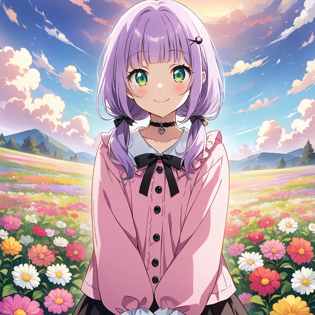 A girl, (a girl with closs hair pin, looking at viewer. Light purple hair, low twintail hair, blunt bangs,smiling face, green eyes. closs hair pin, pink shirt, cosplay, jirai kei, bangs, black skirt, black bow, looking at viewer, bow, long sleeves, choker, ribbon:1.4), anime visual, (tilt head:1.3),Cute, Kawaii, Masterpiece, Detailed Drawing, Illustration, Official Art,A happy girl in a flower field,