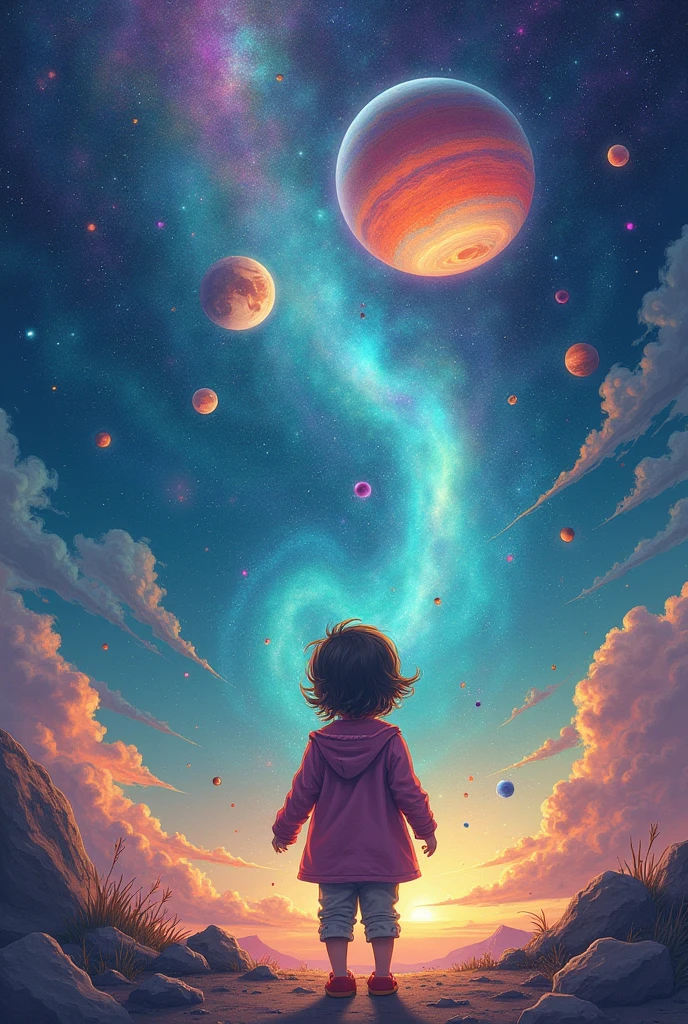 Psychedelic journey inside the mind of a with the sky full of planets and constellations