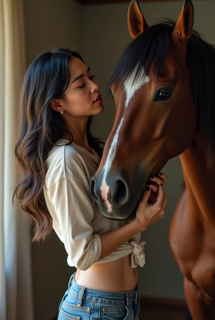 A asian woman with big boobs, big ass, small weist, a pretty face with cum on it getting fucked by a horse in the vagina. The enormus penis of the horse is deep down the woman and it is cumming inside. The woman is filled with pleasure and has an orgasmic face. The woman is with clothes that show how the horse penetrated thru her pants to fuck her and her shirt is very small for her boobs, which also have cum. And this shirt is also braking. Focus the image in the woman and the penetration of the huge horse dick