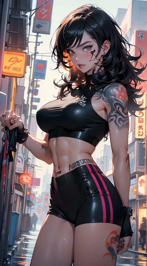 (score_9, score_8_up, score_7_up, score_6_up), (adult, seductive face, seductive expression), solo, full body, long black hair, hair over eye, toned  abs, big breasts, eyepatch, red eyes, red lips, goth girl, leather jacket, bra, thong, unzipped leather pants, sandals, rustic town, source_anime, rating_explicit 