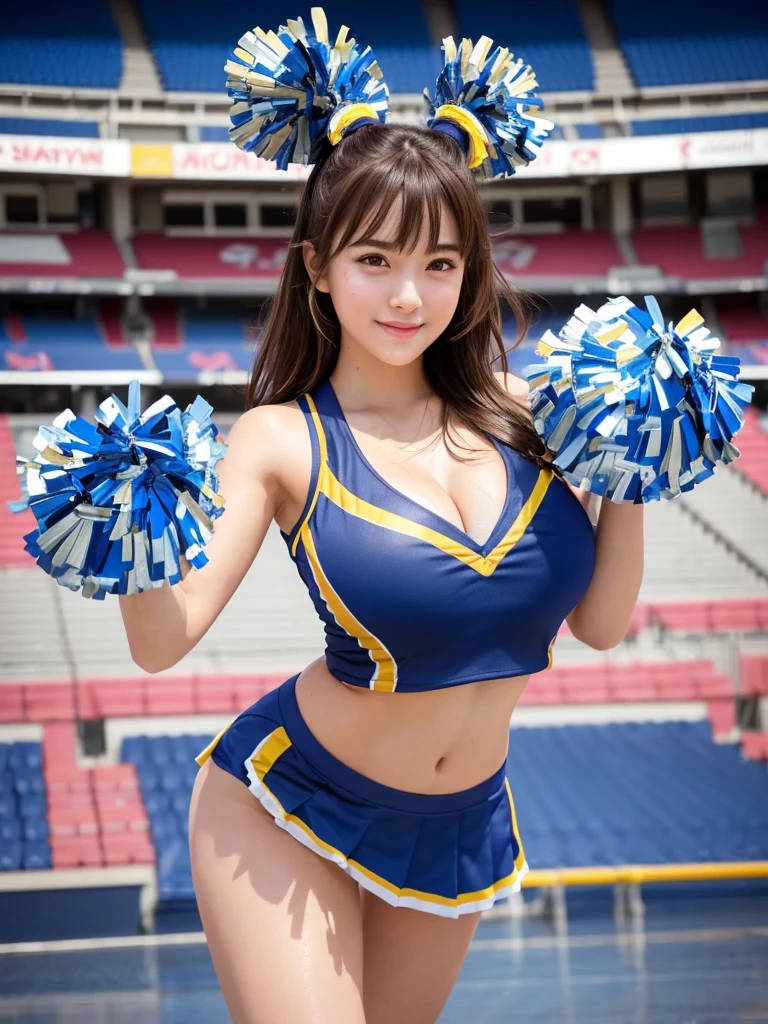 masterpiece,Highest quality,Very detailed,High resolution,(Realistic,photoRealistic:1.37),Excellent anatomy,One beautiful woman,18-year-old,height:152 cm,Blue Cheerleader,(Holding big pom-poms in both hands:1.5),Big smile,cheer leading,Cheerleader uniform,(shape),Micro Pleated Mini Skirt,No underwear,((Very delicate and beautiful)),((Stadium Background:1.2)),Brown Hair,Long Hair,bangs,Very beautiful face,Cute type,Big Natural Color Lip,Small and cute nose,Big and pretty eyes,Brown eyes,Obvious double,Shiny highlight spots around the eyes,Character Focus,Tilt your head,The best light,Best Shadow,mysterious,Perfect Face,Very detailed,Soft Skin,(Glowing Skin,Sweaty:1.3),Beautiful legs,Voluptuous thighs,Plump body,Huge breasts,(Expresses the roundness and softness of the chest area..........1),Beautiful body,(Perfect Woman),Lift your legs,Skirt flip,Bold sexy pose,((cheer dance pose:1.5))