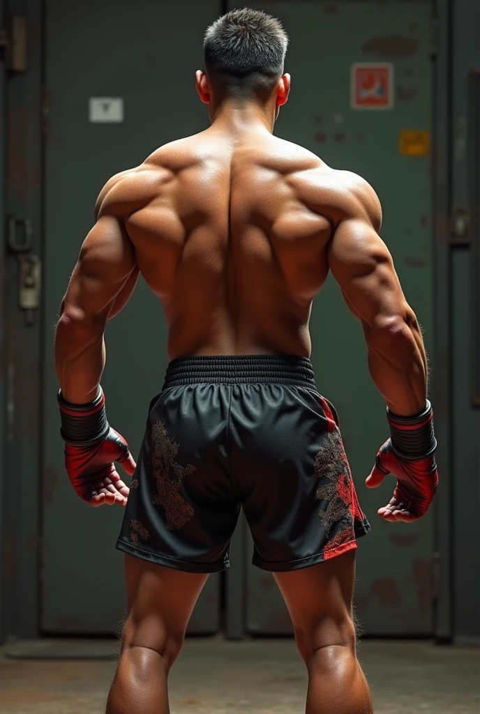Mexican 22 year old muscular man wearing sleeveless open vest and muay thai short shorts back view