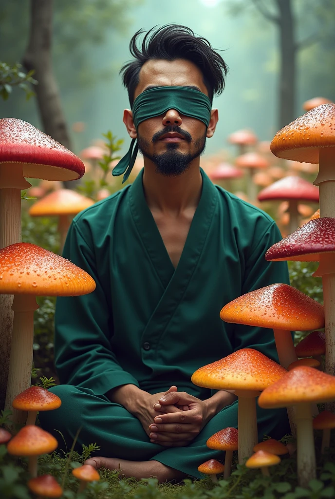 Japanese man surrounded by colorful mushrooms Portrait Blindfold